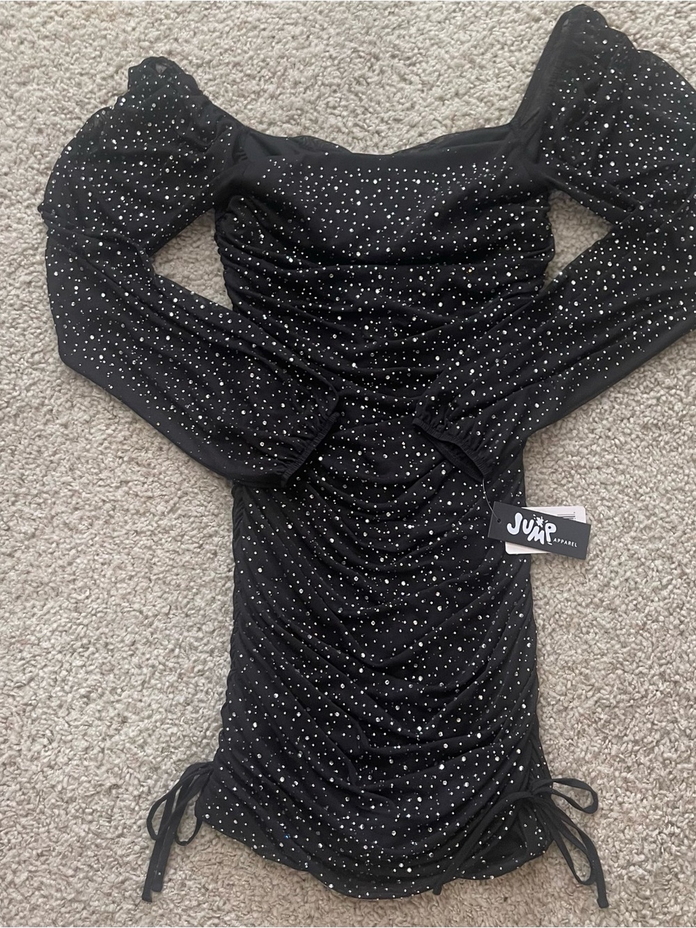 Black Ruched Off-Shoulder Mini Dress with Sparkles Size Small New With Tags